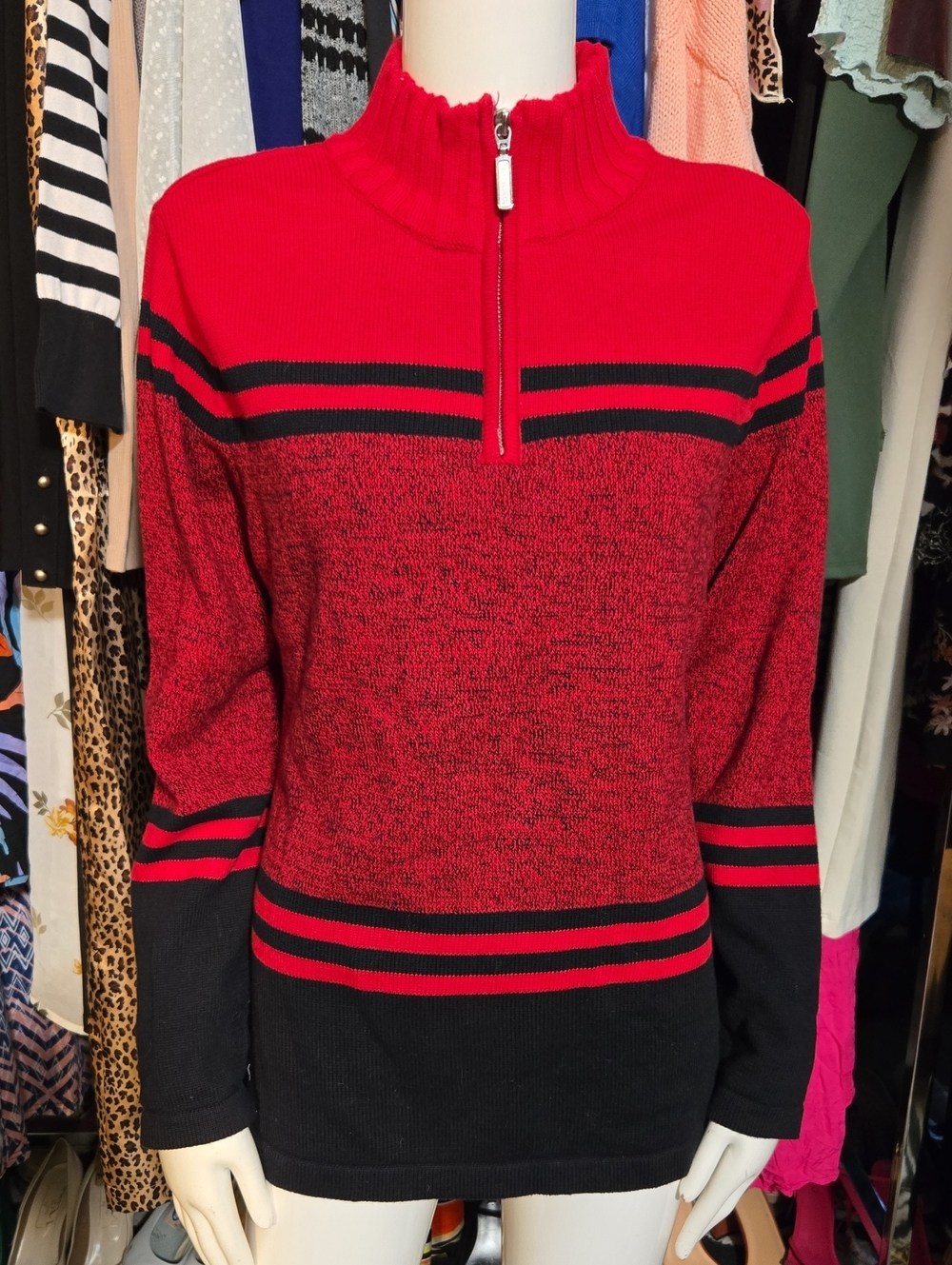 Karen Scott Red and Black Half-Zip Turtleneck Sweater